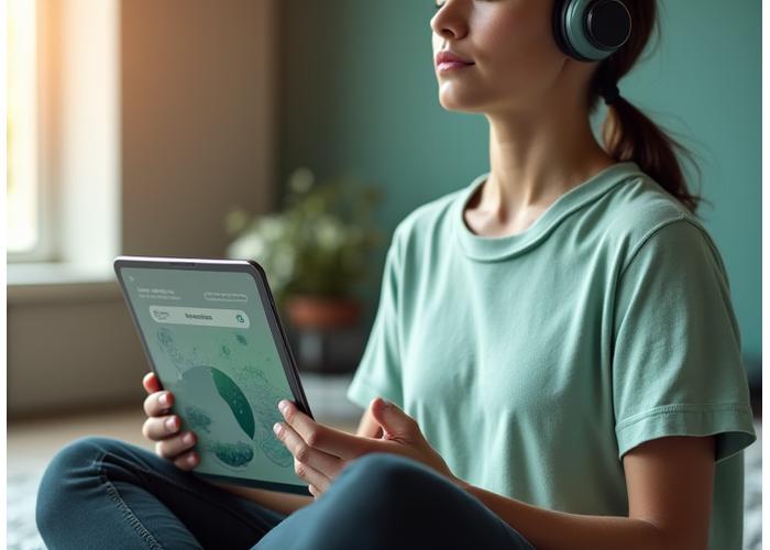 A split image or collage showing on one side a person meditating with headphones, and on the other, a tablet displaying a wellness app interface with calming graphics. The overall aesthetic is clean, modern, and serene, emphasizing the integration of technology into peaceful self-care routines.